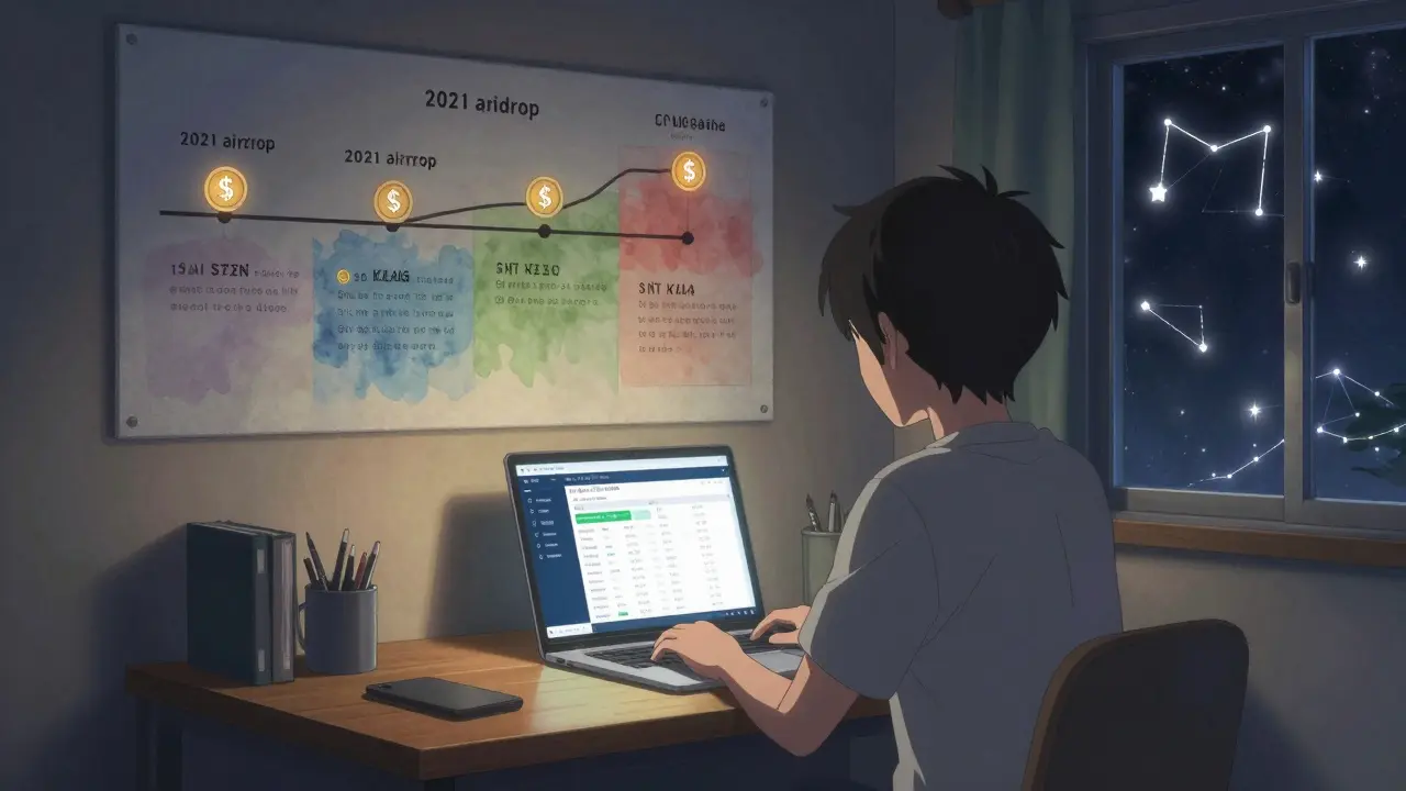 A lone figure at night using the Kalata Protocol app, with a mural showing the project's evolution on the wall.