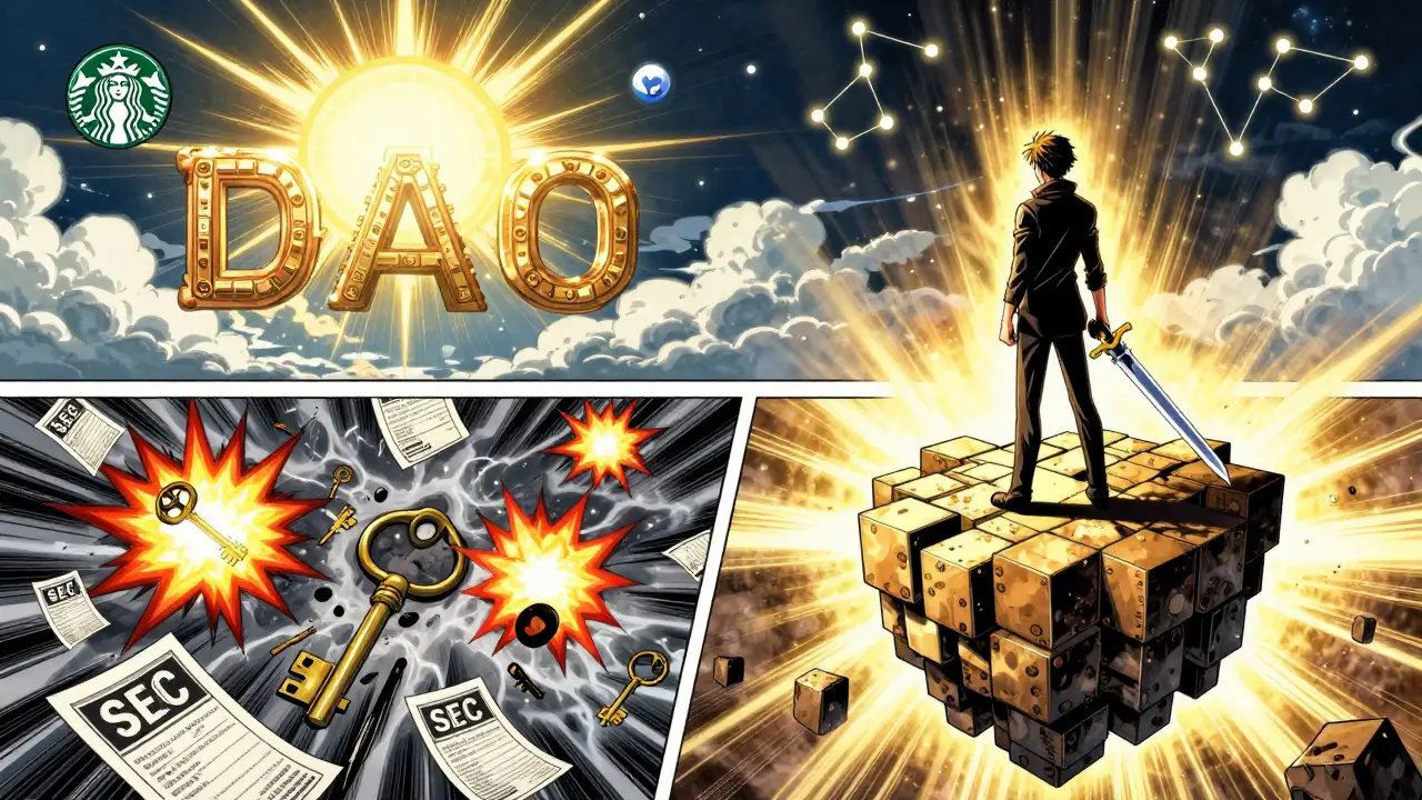 A lone figure stands on a blockchain island, holding a key-sword as a storm of crypto chaos rages below and a hopeful sun rises above.