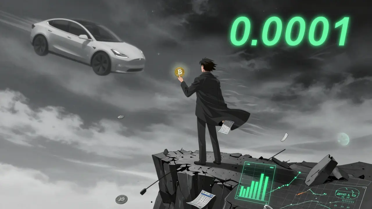 A lone investor on a crumbling chart cliff holding a BRIAN token and lottery ticket, dream and void behind them.