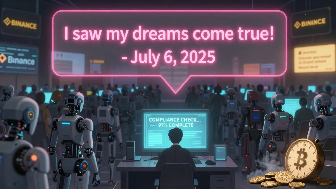 A lone user facing a frozen withdrawal screen amid fake testimonials and robotic traders in a digital space.