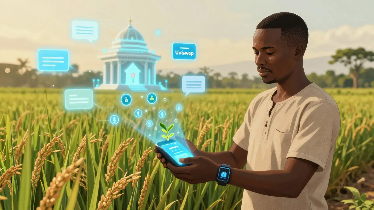 A Nigerian farmer receiving a microloan via blockchain, with tokens turning into sprouting seeds in a sunlit field.
