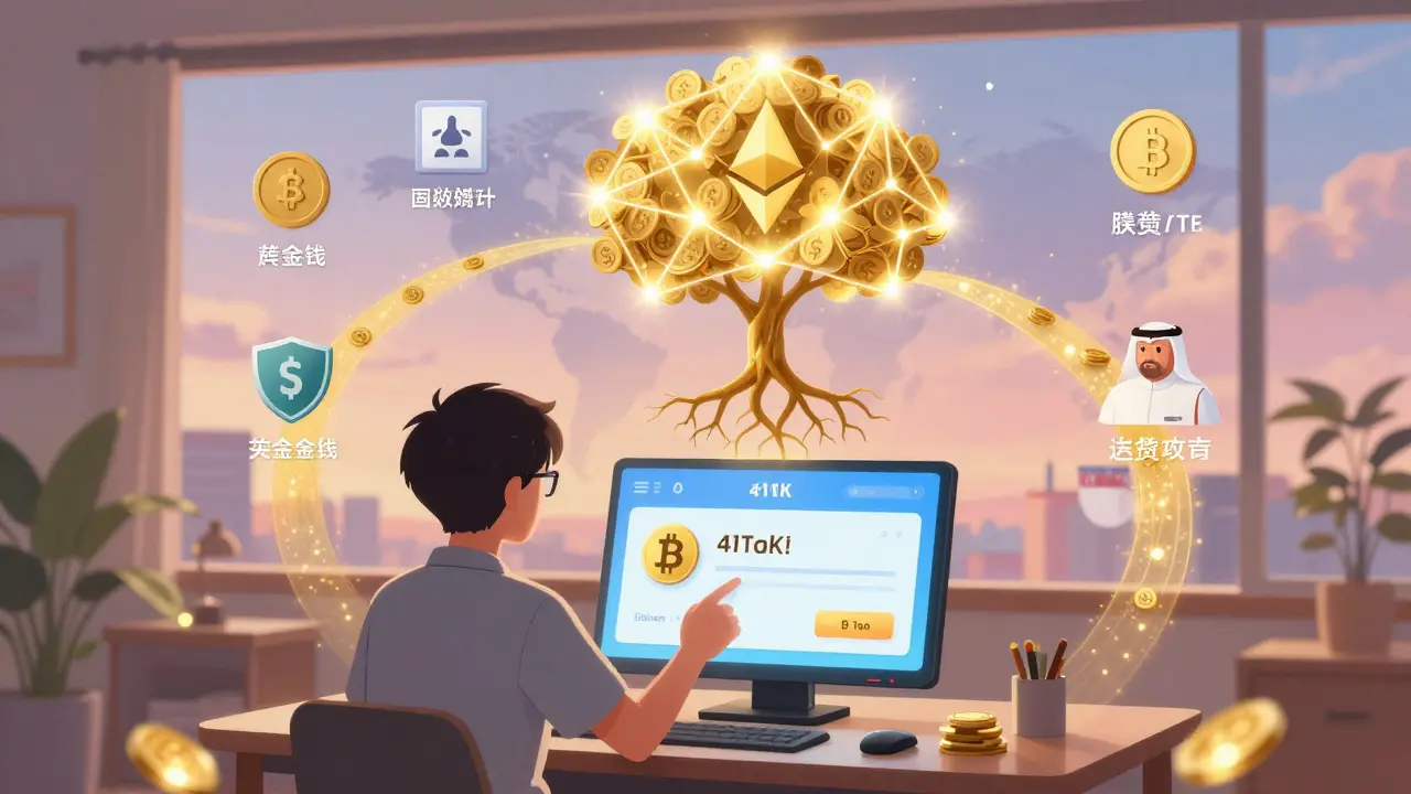 A person selecting Bitcoin in a 401(k) plan as golden capital flows from global institutions into a blockchain tree.