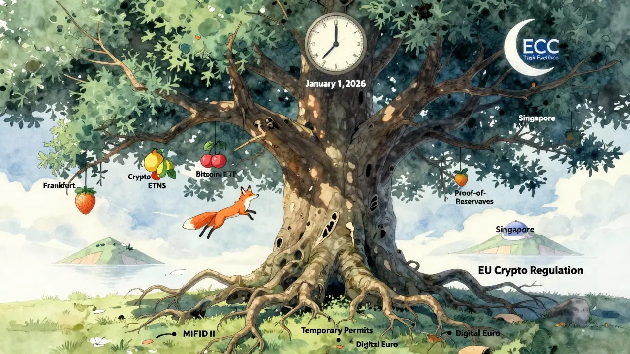 A regulatory tree with broken branches shows EU crypto rules failing, while innovation flees toward Singapore under a rising Task Force moon.