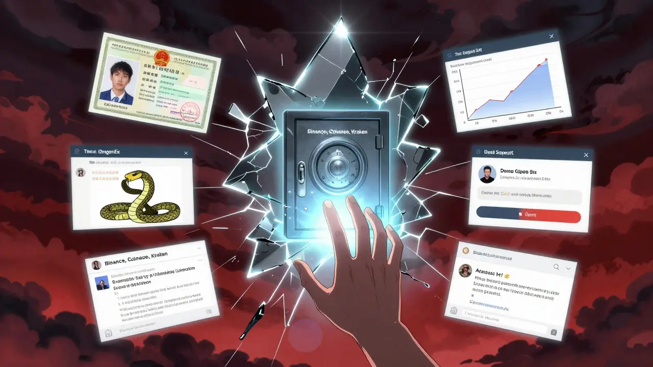 A shattered mirror showing six crypto scam signs, with a safe path to legitimate exchanges glowing brightly.