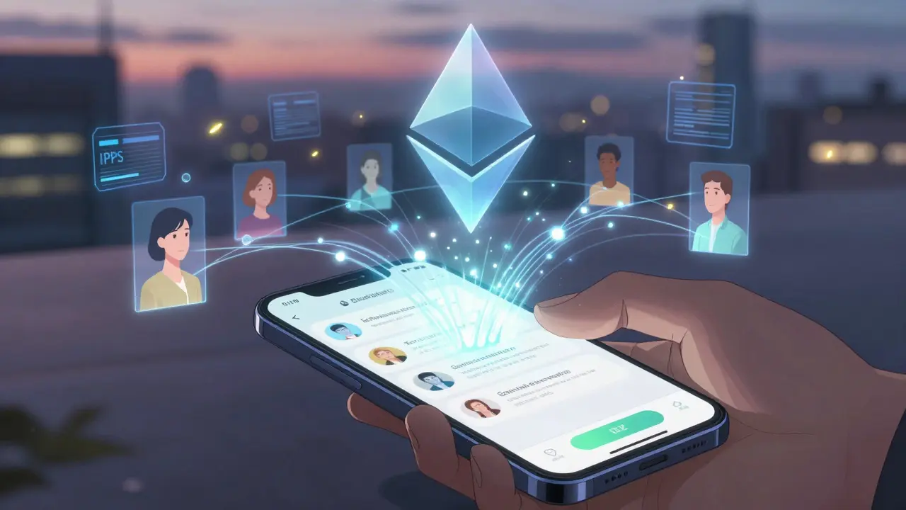A smartphone showing a decentralized app, surrounded by glowing connections between diverse users and a floating Ethereum logo.