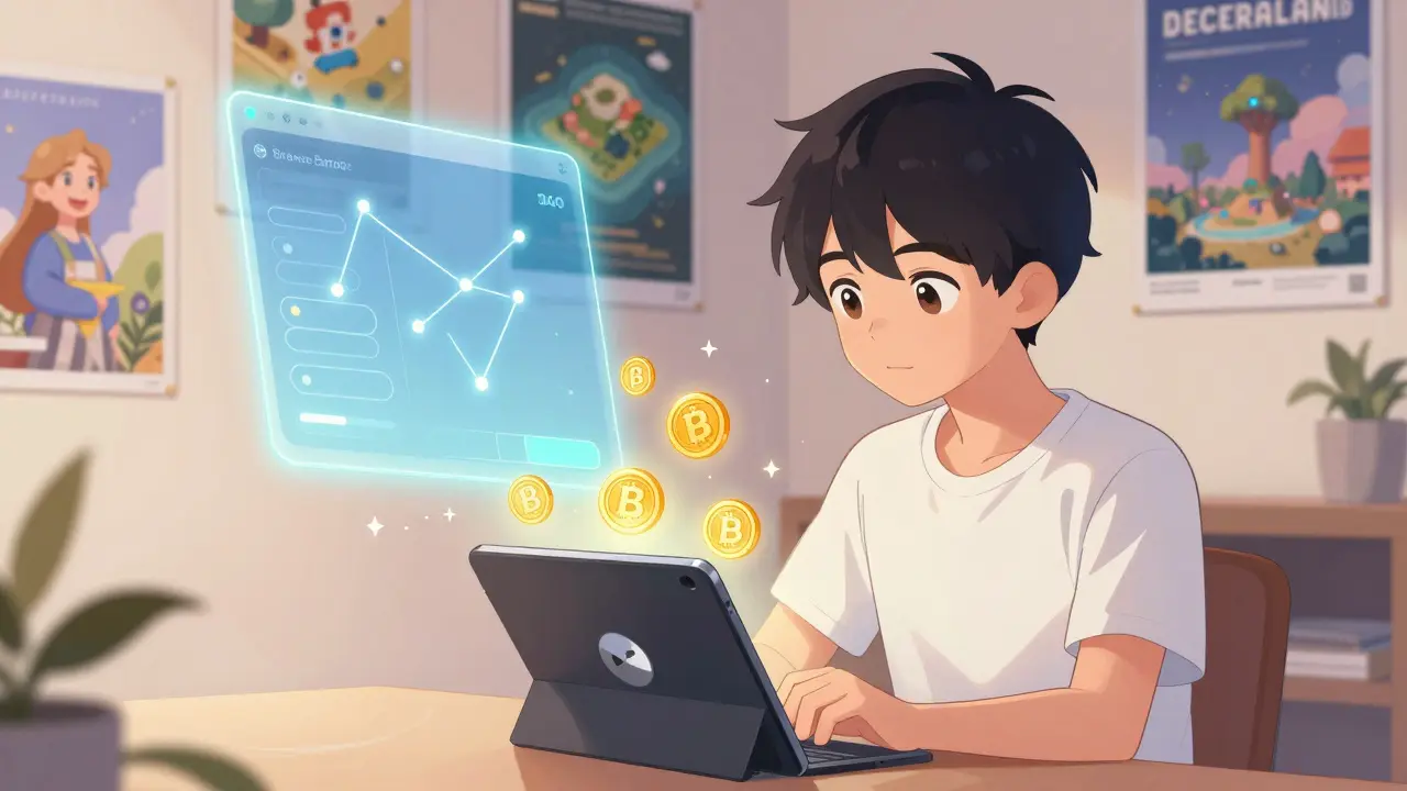 A teenager earning BAT tokens while browsing Brave Browser, surrounded by NFT art and a glowing DAO interface.