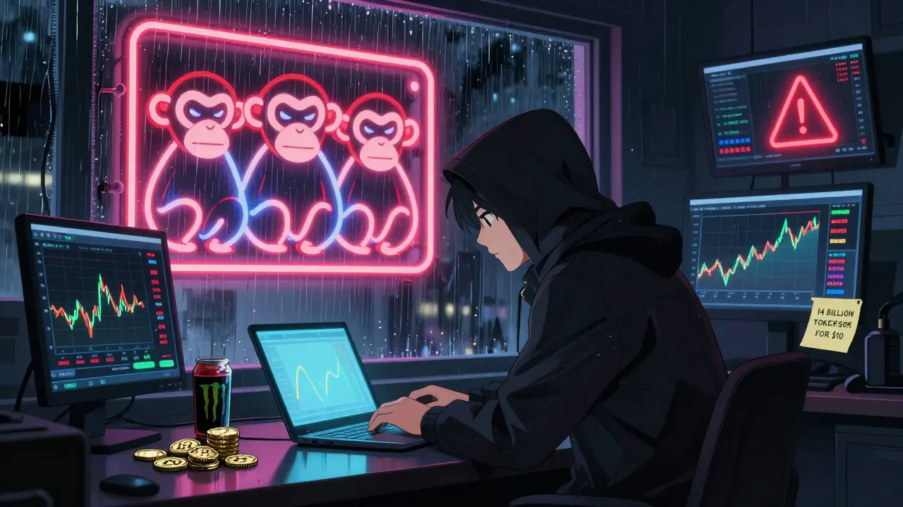 A trader in a dark room surrounded by MONKY price charts with NaN indicators and a neon monkey sign outside.