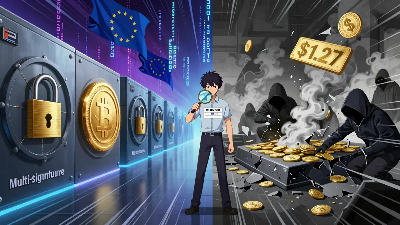 A trader stands between a secure crypto exchange with MiFID II certification and a collapsing platform with hackers stealing funds.