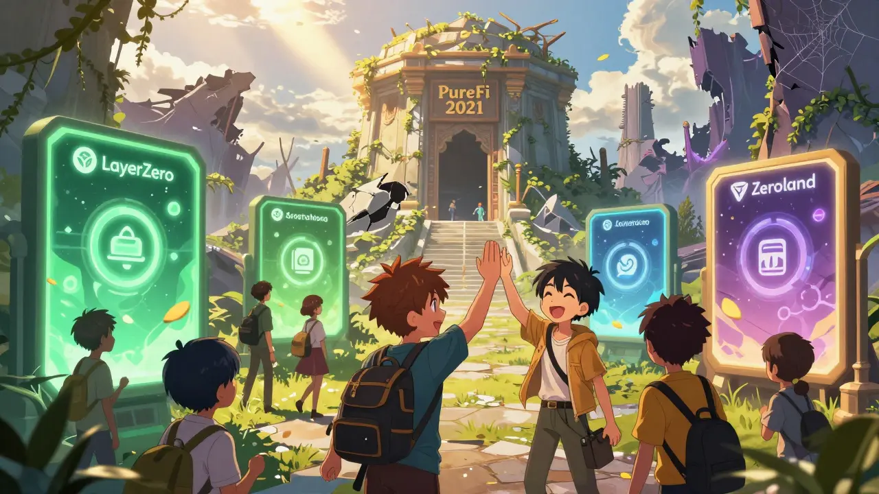 Active DeFi users earning rewards in a bright hub, while a ruined PureFi temple decays in the background.