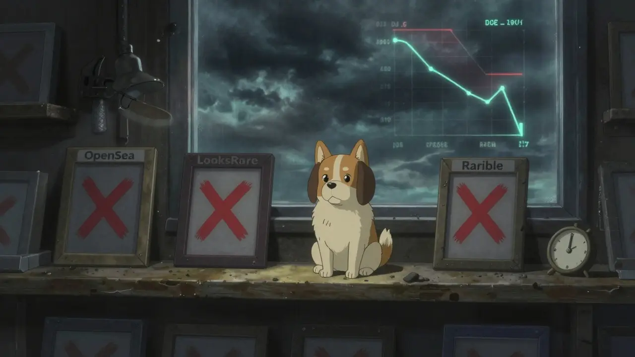 An isolated NFT dog on a shelf with empty marketplace labels, under a dim light during a storm.