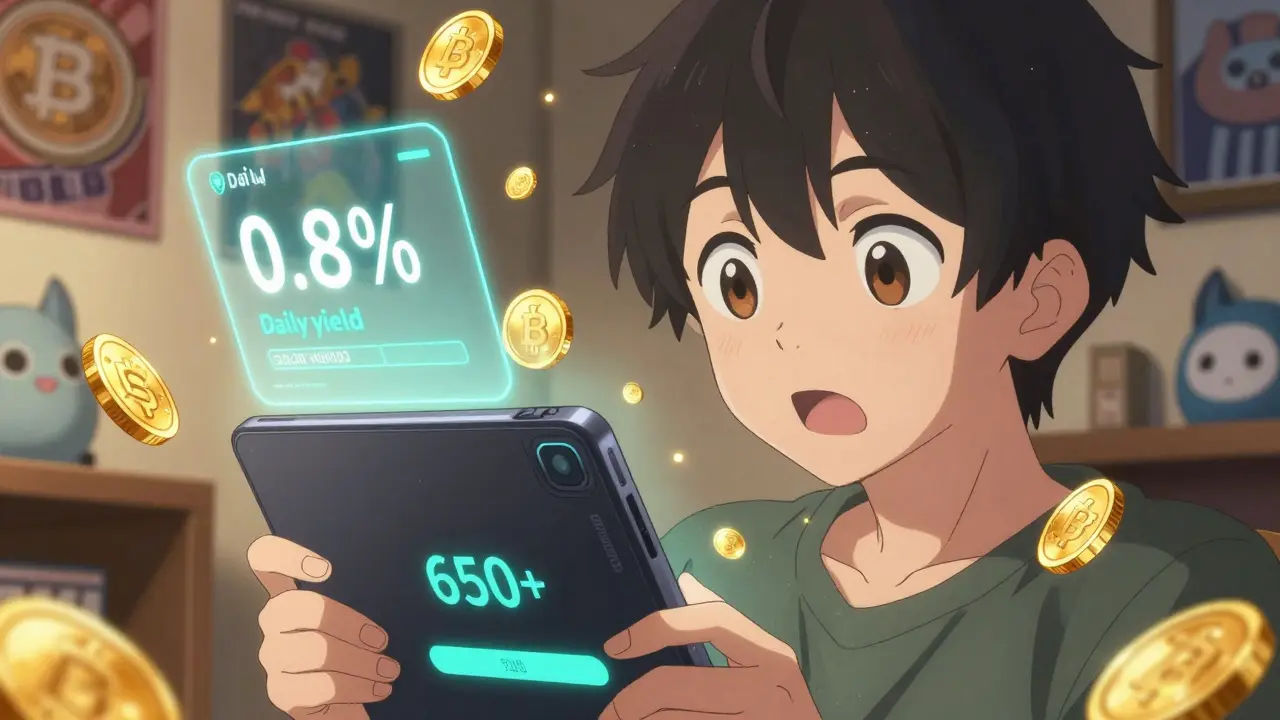 Anime character receiving daily BLUB rewards from a holographic wallet app with subdomains glowing in the background.