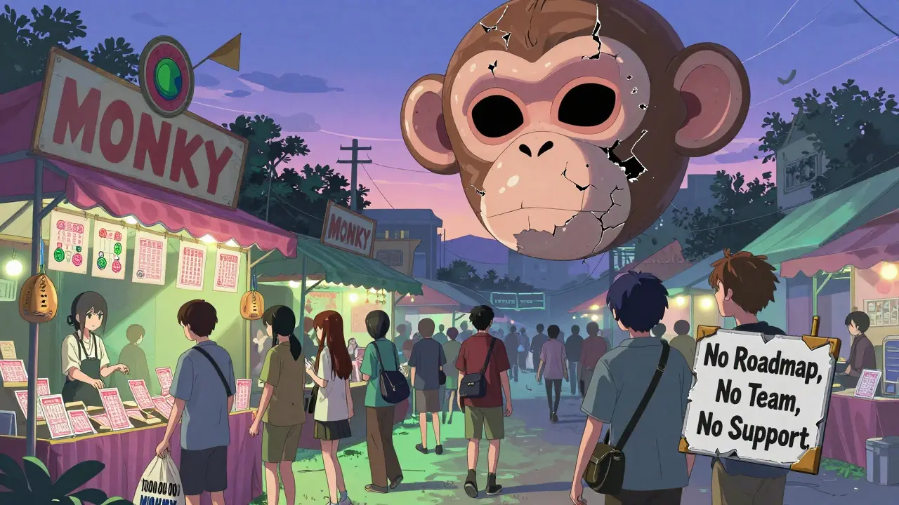 Anime-style traders exchanging MONKY tokens at a monkey-faced carnival booth under a cracking mask.