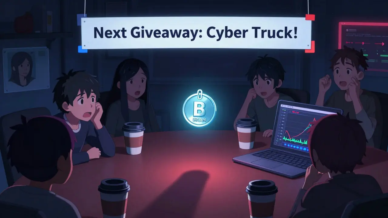 Anonymous anime characters chatting on Discord about a Tesla giveaway, with a glowing BRIAN token in the center.