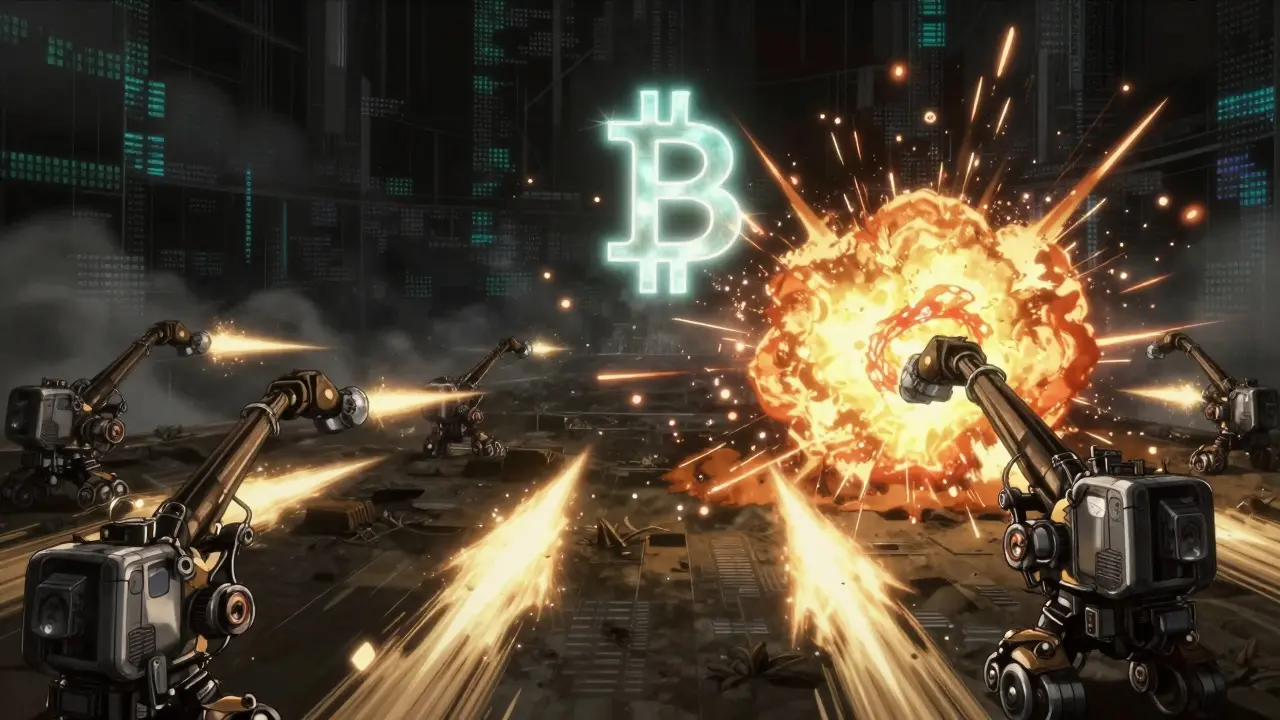 Battlefield of mining rigs firing hash energy at a Bitcoin symbol in a digital void.