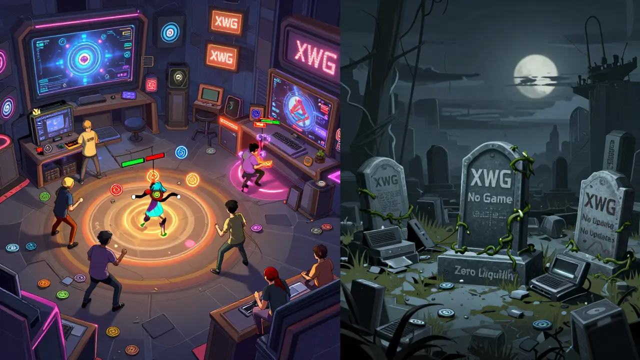 Contrasting scene: lively gaming hub vs. graveyard of dead blockchain projects.