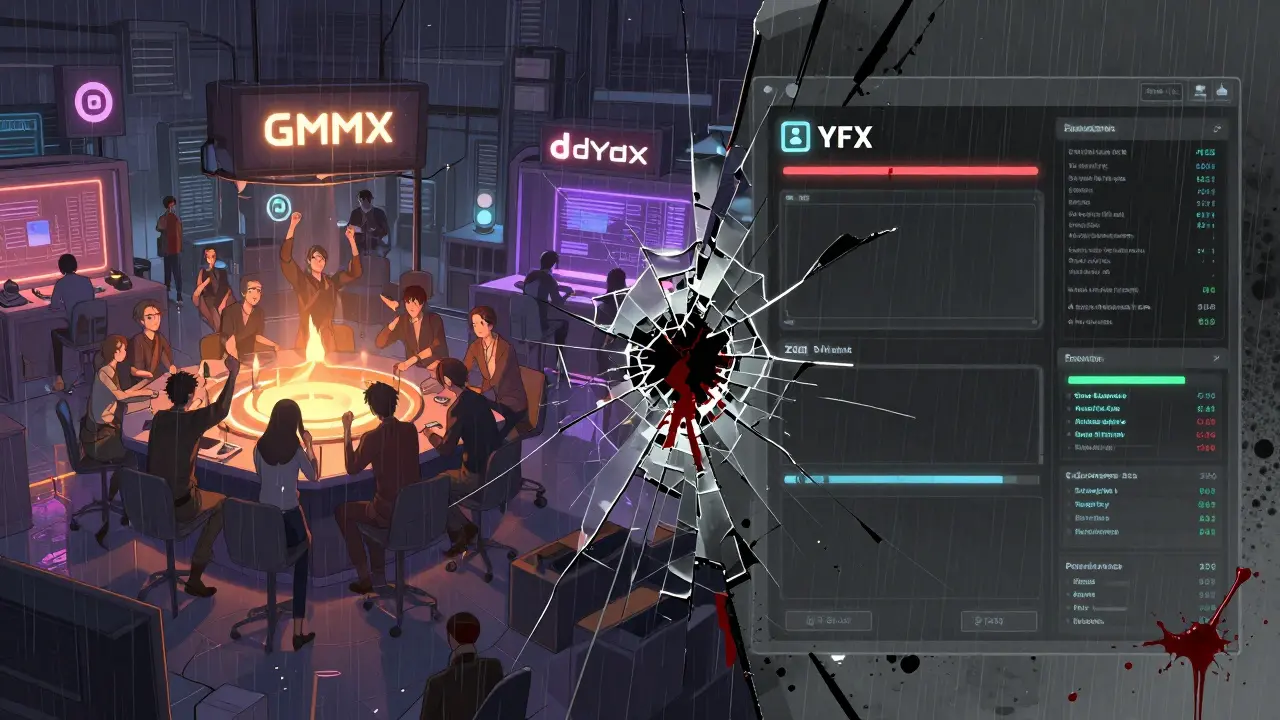 Contrasting vibrant DeFi hubs with a decaying YFX interface under digital rain and cracked glass.