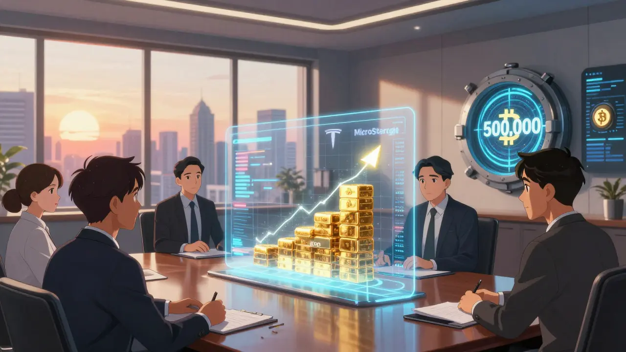 Corporate executives gathered around a holographic Bitcoin balance sheet in a modern boardroom.