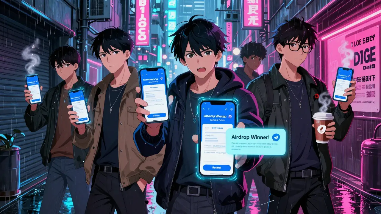 Crypto fans in neon-lit alley checking airdrop form on phones with holographic interfaces.