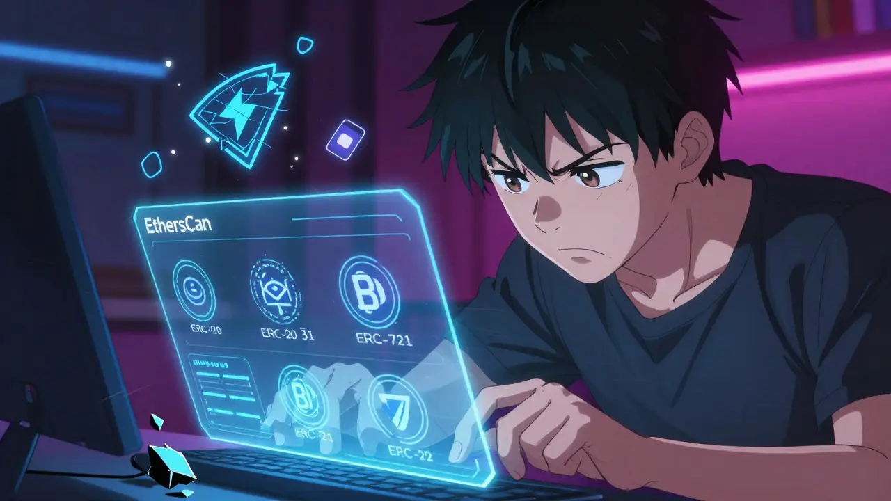 Developer adjusting gas fees on a holographic dashboard, Solana and BNB icons broken in background, neon-lit room.