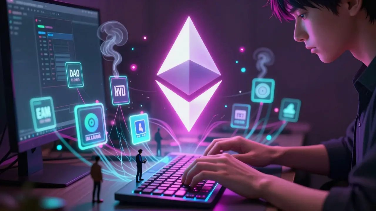 Developer typing on a holographic keyboard surrounded by floating EVM modules and DeFi applications.