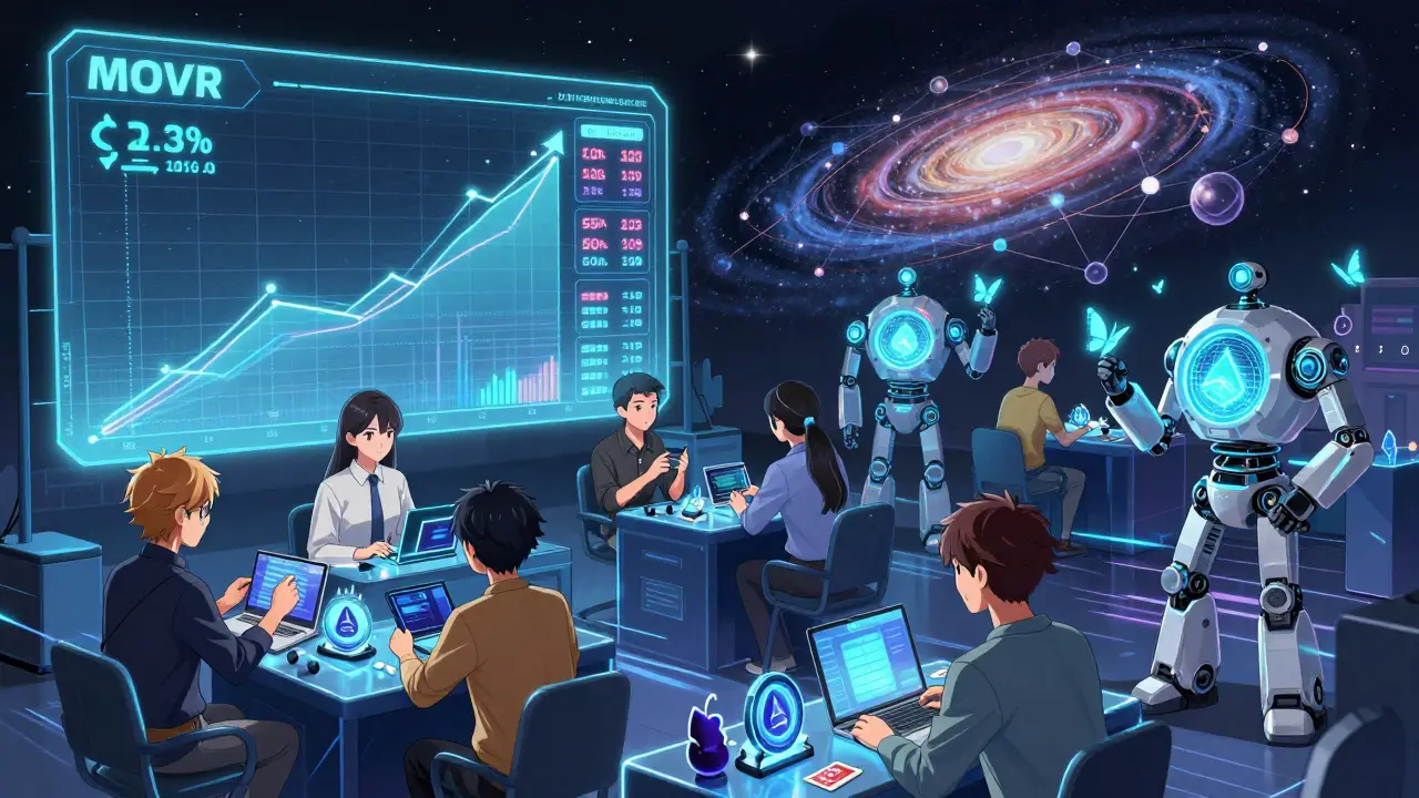 Digital marketplace on Moonriver with developers trading NFTs and collators collecting transactions.