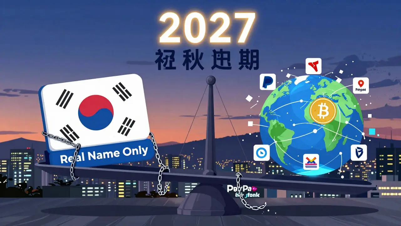 Digital scale weighing Korean real-name system against global crypto access