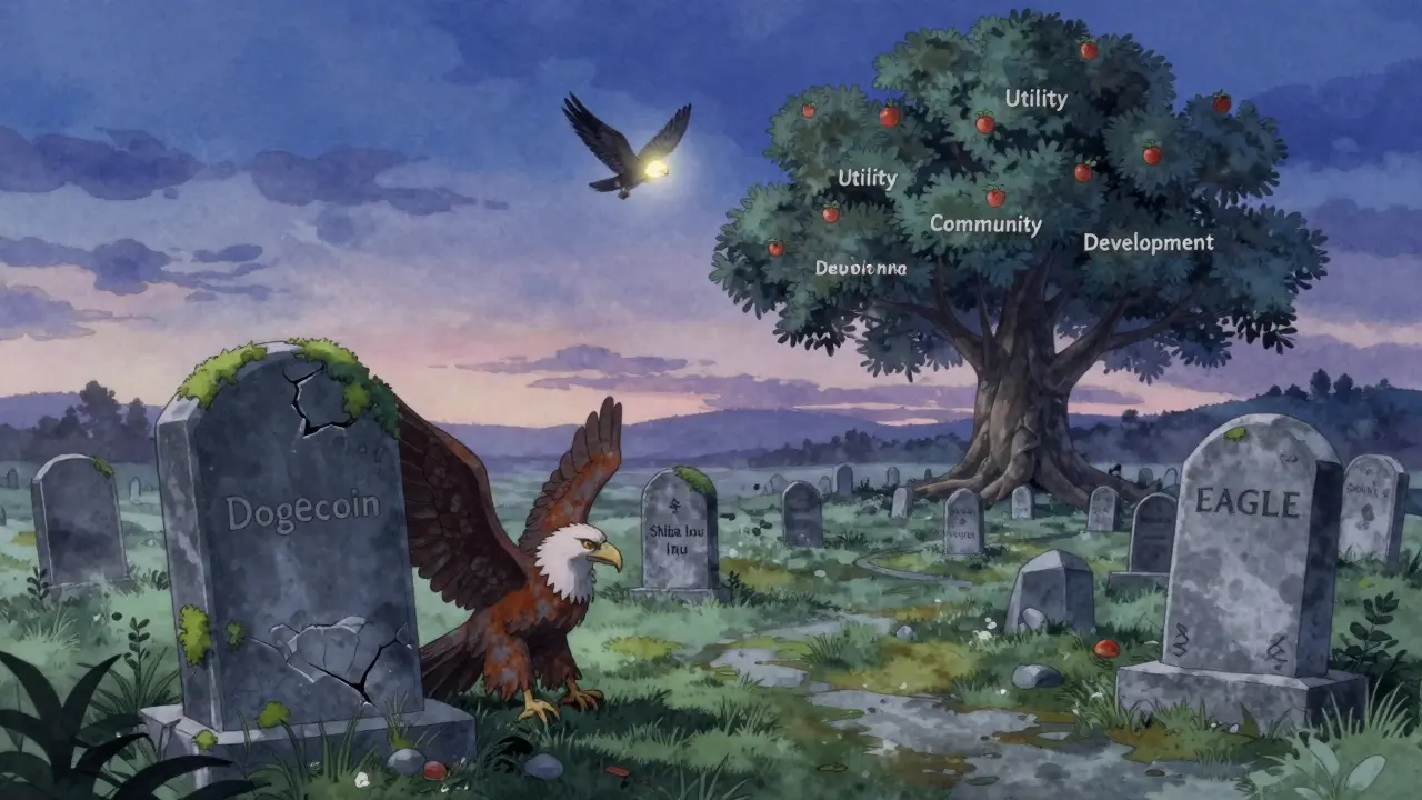 Graveyard of memecoins with a cracked EAGLE tombstone under twilight sky