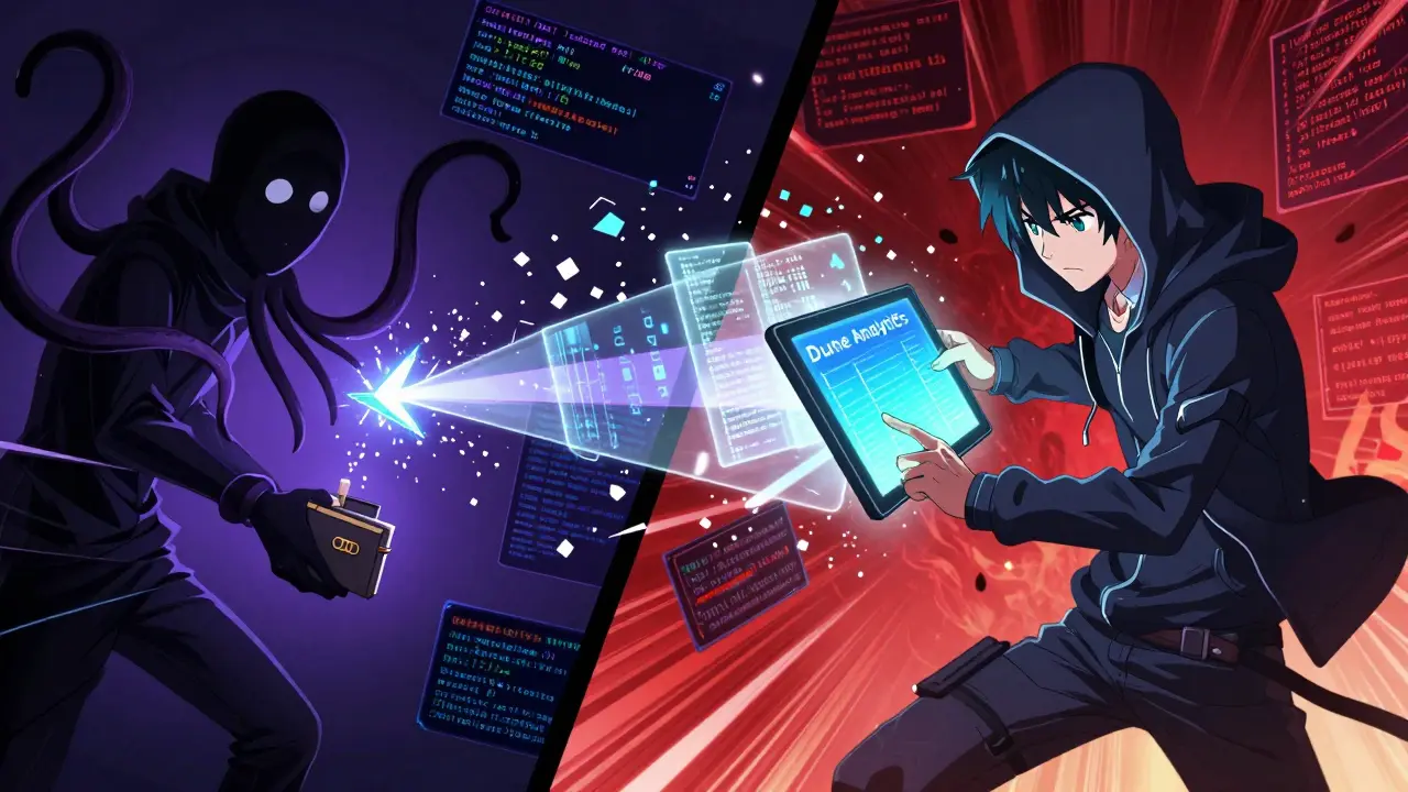 Hero analyst fighting a scam contract with event log beams in a dramatic anime battle scene.