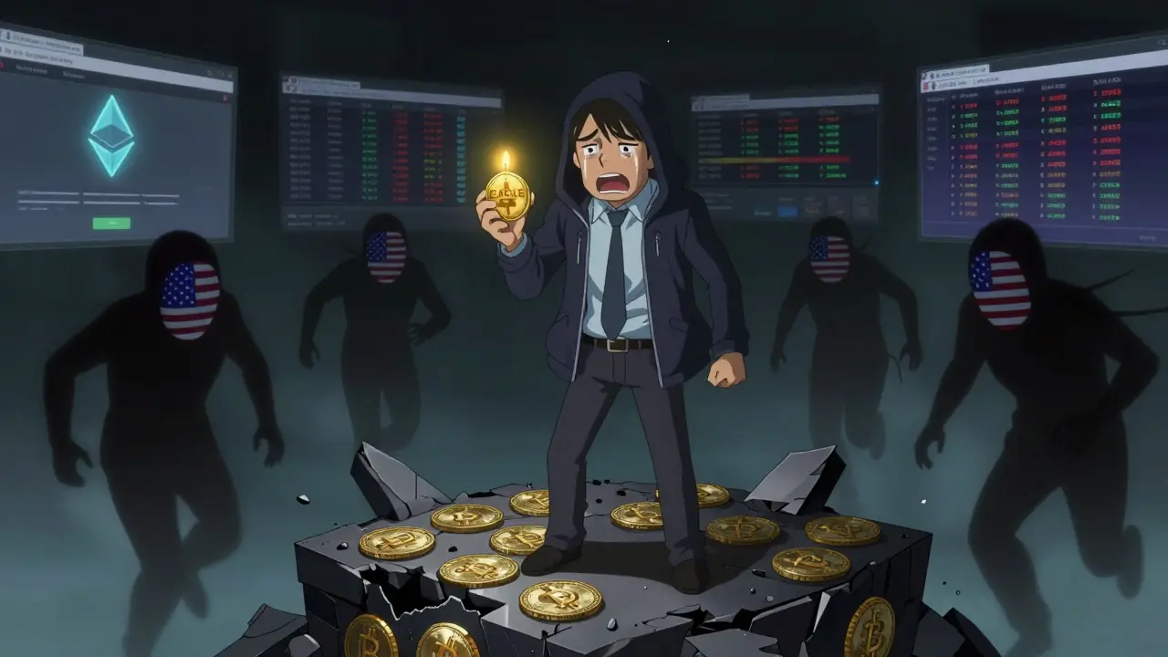 Lonely investor holding a fading EAGLE token as shadowy figures abandon them