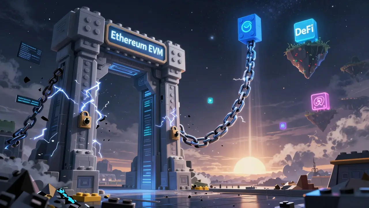 Massive Ethereum EVM gate under stormy skies, with LEGO-like smart contracts forming a bridge to distant digital islands.