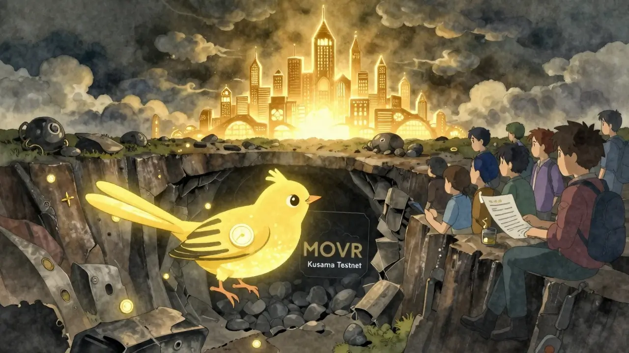 MOVR token bird flying from Kusama testnet mine toward the golden Polkadot city above.