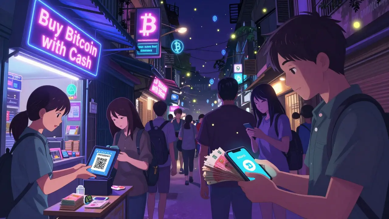 Neon-lit crypto exchange shops in Hanoi where people trade cash for Bitcoin using QR codes.