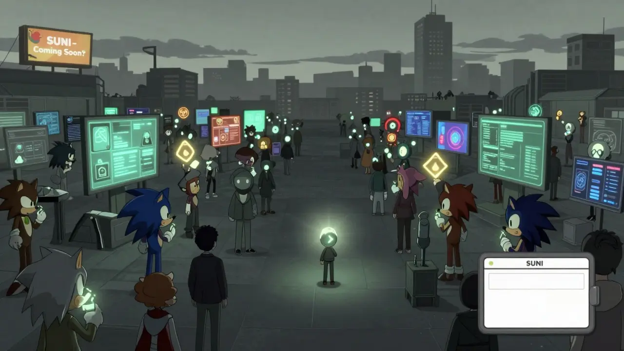 One person holds a dull SUNI token while others trade bright tokens in a digital marketplace.