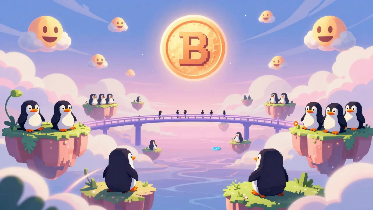 Pixel-art penguin avatars in the BLUBverse metaverse under a sky of emoji clouds, with a cross-chain bridge in the distance.