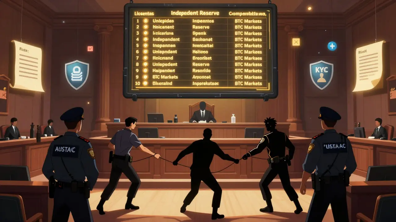 Regulatory courtroom with licensed platforms glowing as unlicensed scammer is escorted away