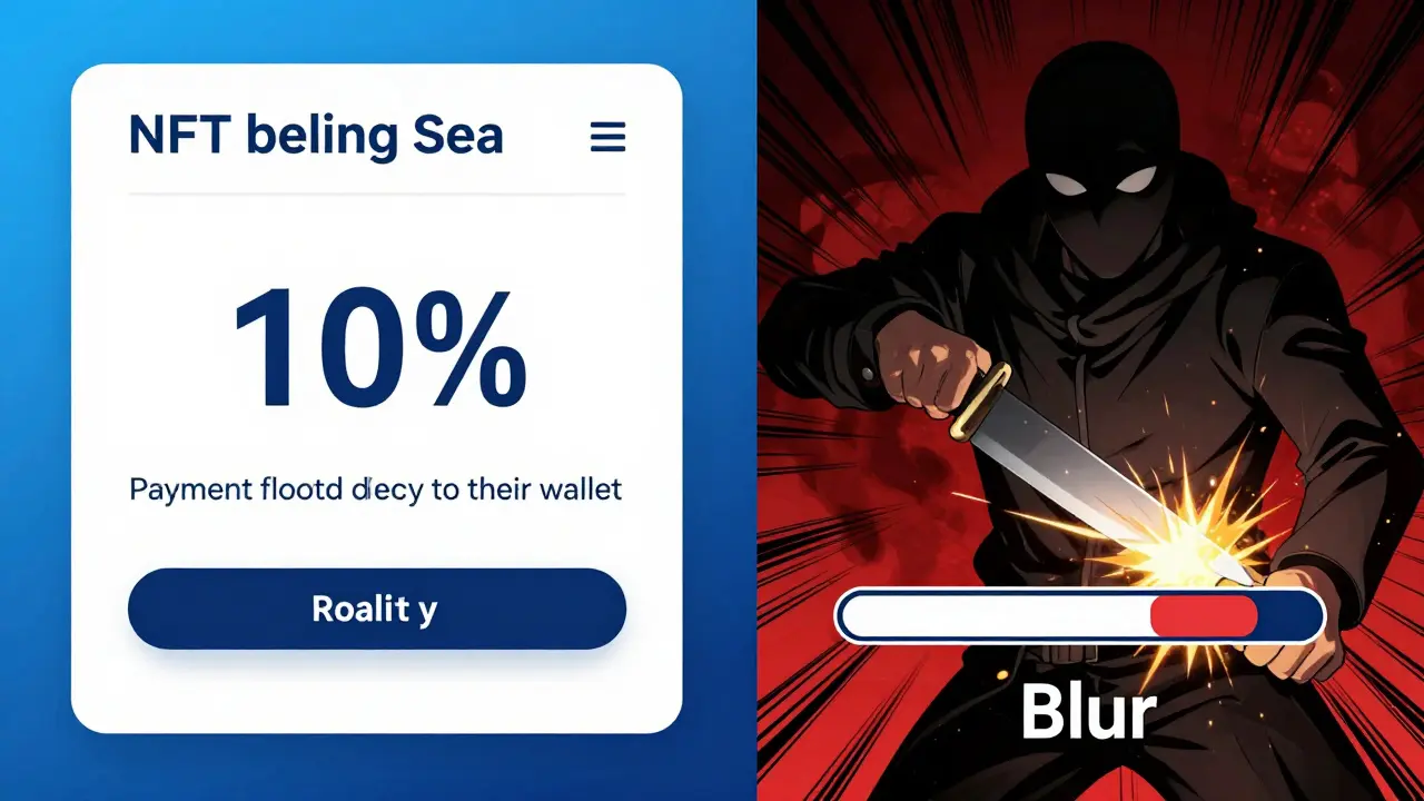 Split scene: One side shows a fair NFT royalty payment, the other shows a royalty being slashed in dark tones.