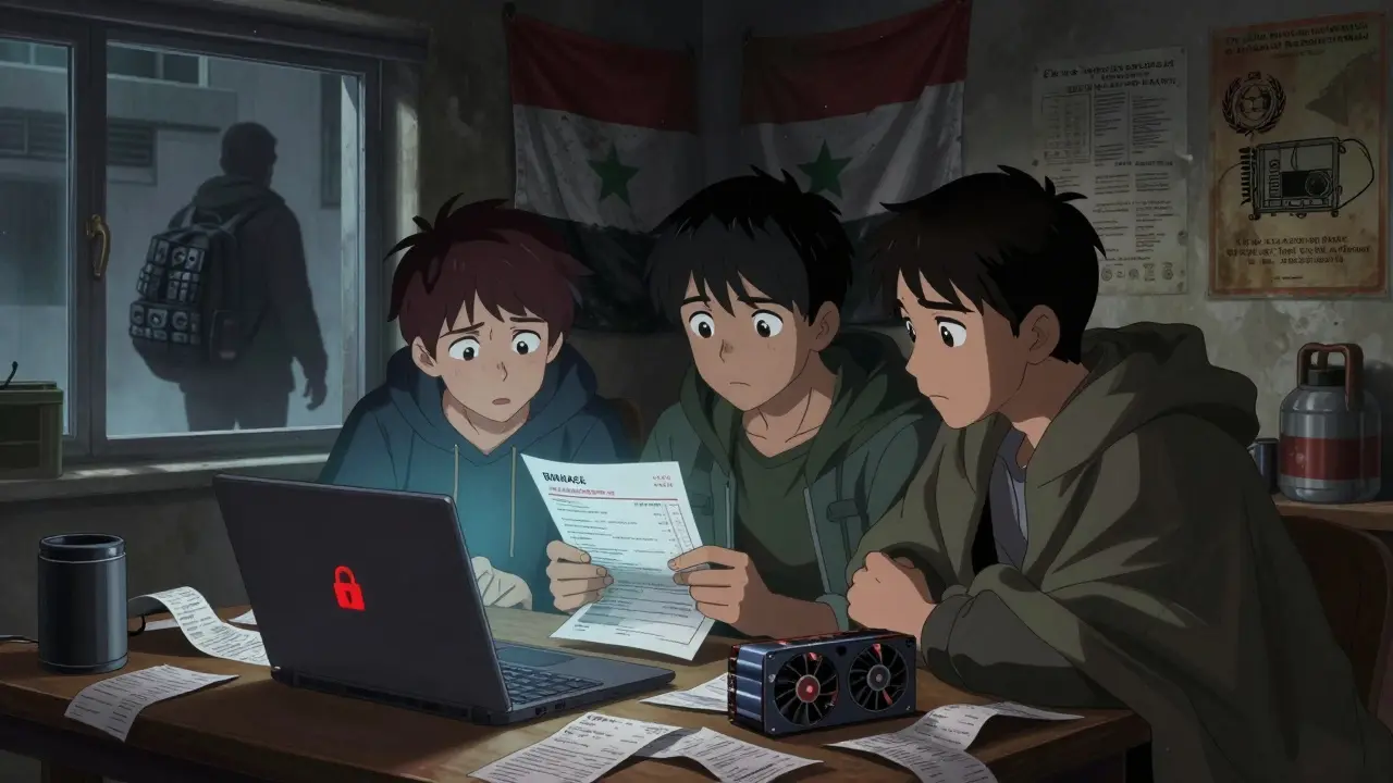 Three people in a dim room with a hidden GPU and frozen crypto account screen, surrounded by documents.