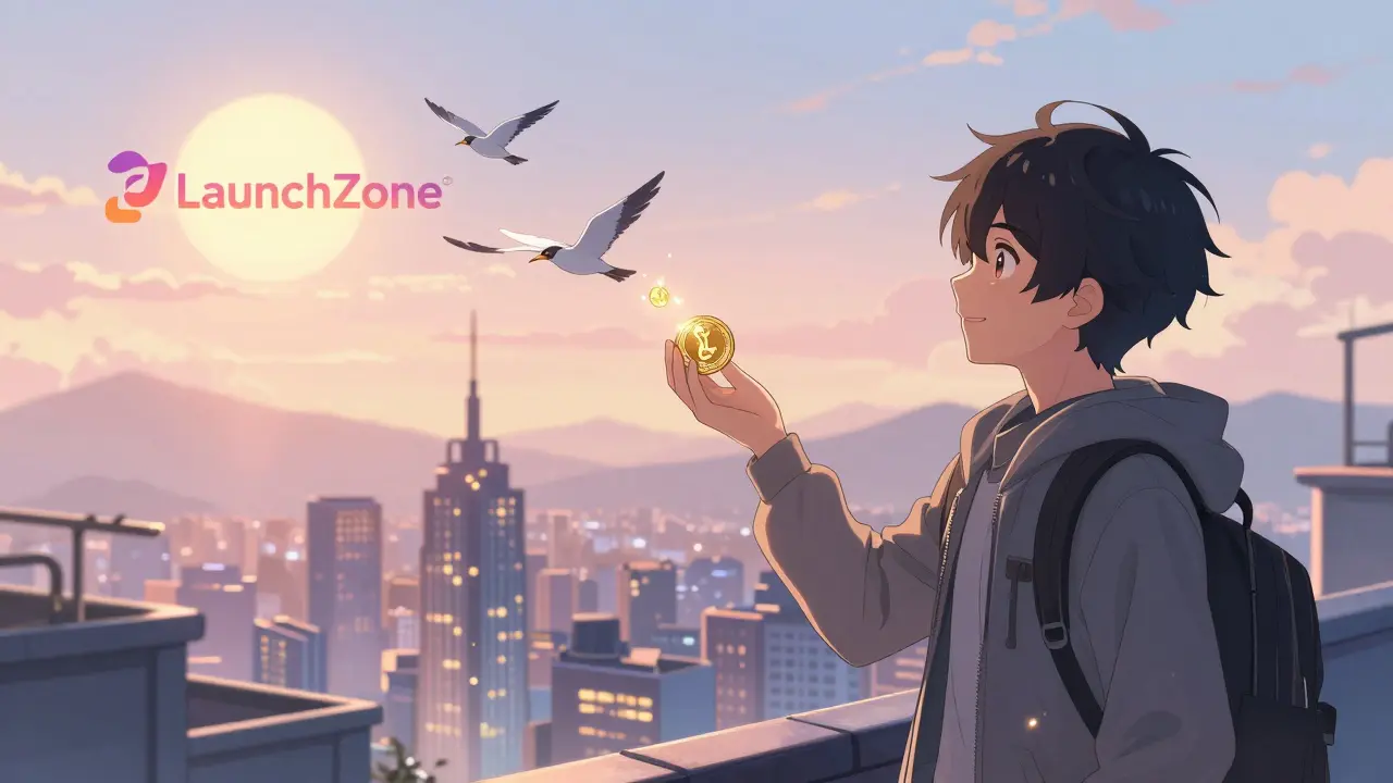 Tokens transform into birds flying toward the sun after a successful airdrop at dawn.