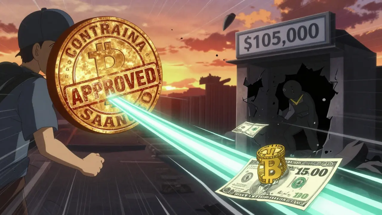 Trader splitting a Bitcoin transfer into two under ,000 limits with one approved and one blocked.