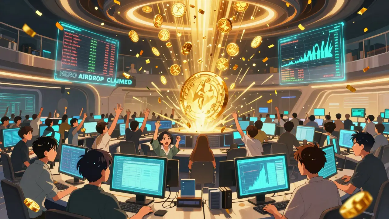 Users on a futuristic exchange platform receiving golden HERO tokens as digital confetti falls around them.