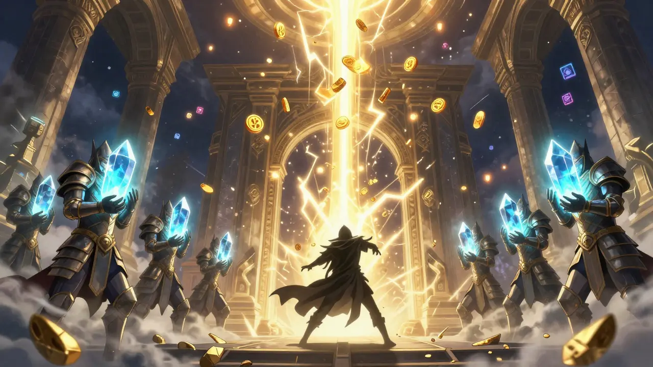 Validators guard a temple of staked ETH, attacker struck by slashing lightning, dApp lanterns rising into the sky.