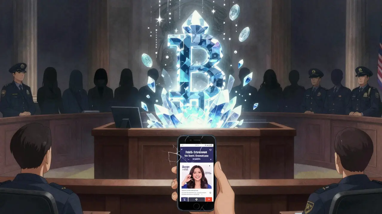 A courtroom with a massive Bitcoin hologram and victims standing silently as justice unfolds.