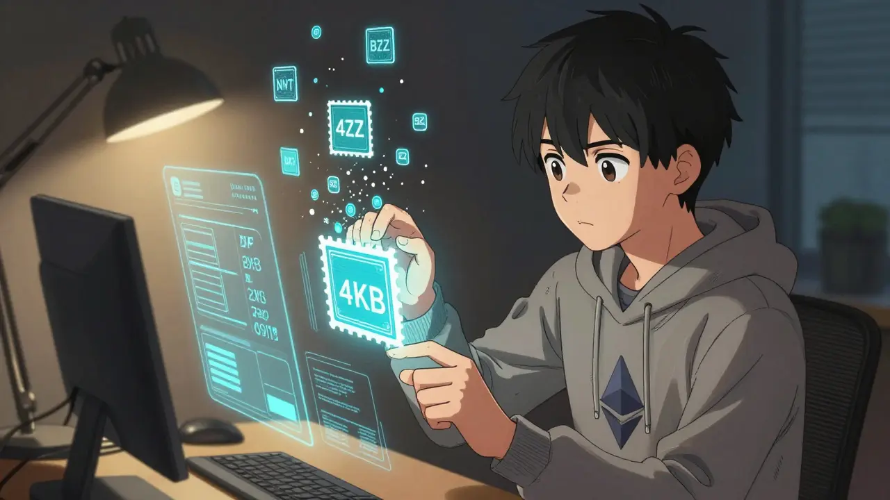 A developer placing a glowing postage stamp on a data chunk surrounded by BZZ tokens in a digital interface.