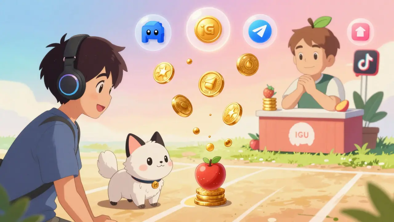 A gamer celebrates winning a fruit race game while branded tokens float around them.