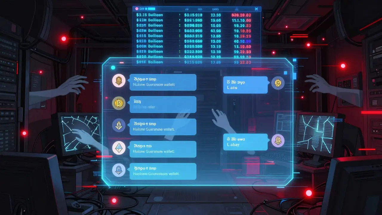 A holographic Telegram chat showing billions in crypto flowing into a criminal laundering network.
