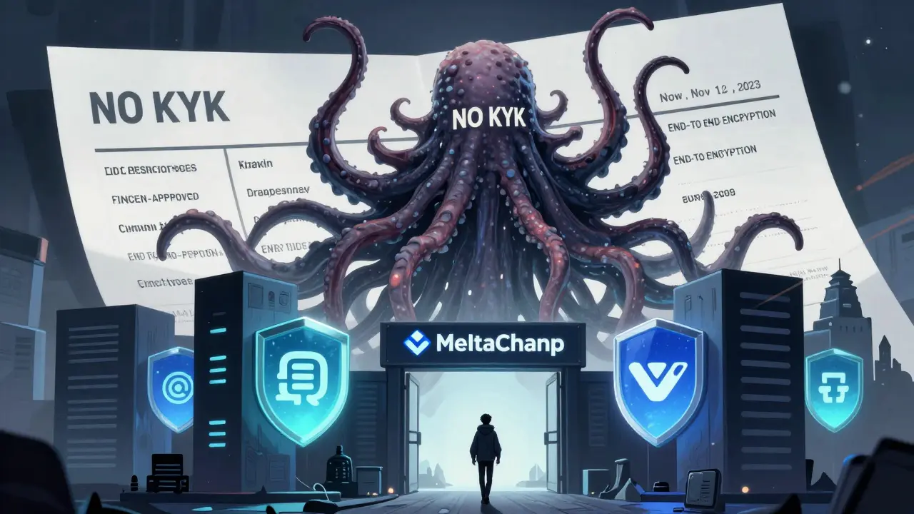 A monstrous scam entity made of false claims towers over a new domain receipt, while honest exchanges stand strong nearby.