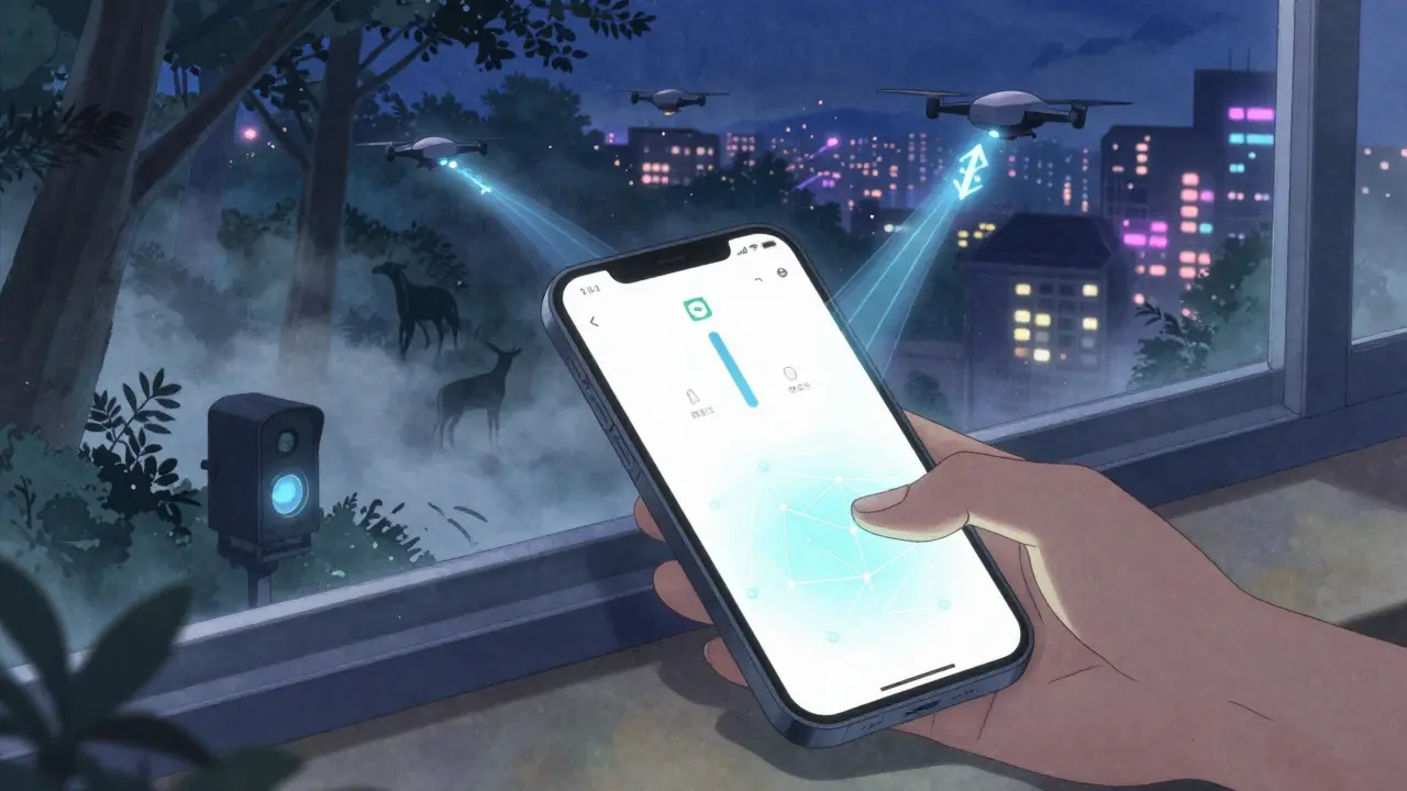 A phone on a windowsill showing token earnings while connected to distant sensors at night.