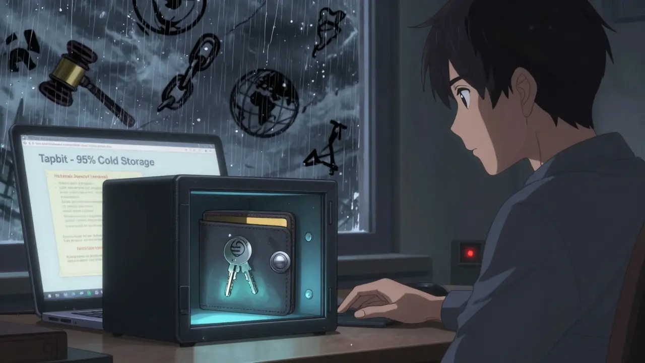 A private key wallet beside a Tapbit laptop screen, with regulatory storm symbols outside a rainy window.