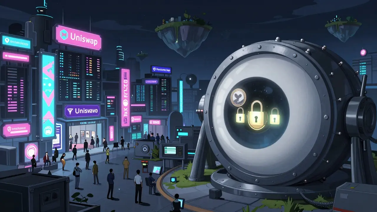 A quiet vault shaped like an eye protects a crypto token, while a chaotic exchange fades into the background.