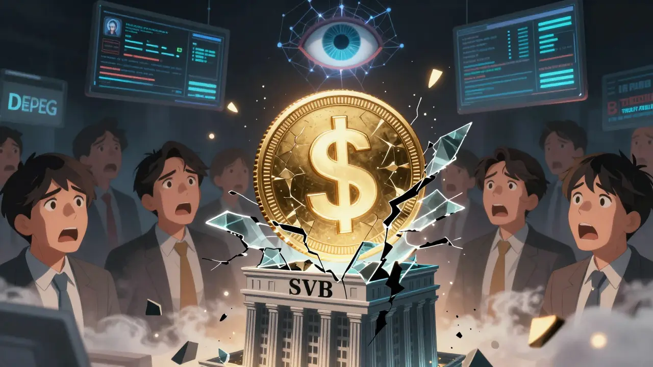A stablecoin shattering mid-air as a bank collapses beneath it, with traders' faces reflecting fear and AI surveillance overhead.